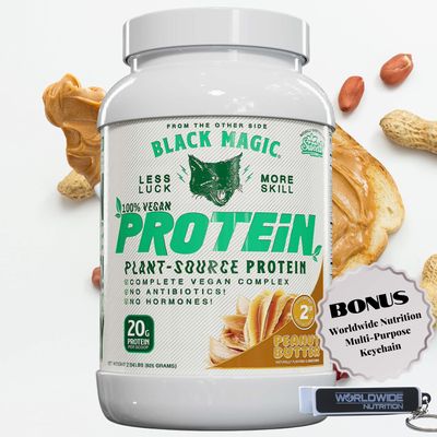 Worldwide Nutrition Bundle: Black Magic Multi-Source Protein - Whey, Egg, and Casein Complex with Enzymes &amp; MCT Powder - Vegan Peanut Butter Protein Powder - 2 LB with Bonus Key Chain