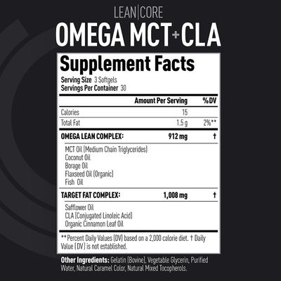 Lean CORE Omega MCT + CLA - Stimulant Free Health Formula, Lean Muscle &amp; Toned Physique, Omega 3-6-9 Fatty Acids - Flaxseed Fish Oil- Coconut Oil- Keto Friendly 30 Day Supply (90 Softgels)
