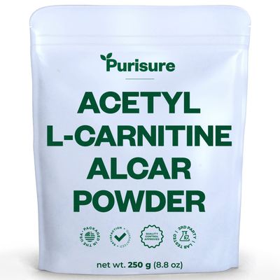 Purisure Acetyl L-Carnitine Powder, 250g, ALCAR Powder, Amino Acid Supplement, Acetyl L-Carnitine Supplement for Better Cognitive Performance and Muscular Endurance, Gluten Free, Non-GMO, 500 Servings