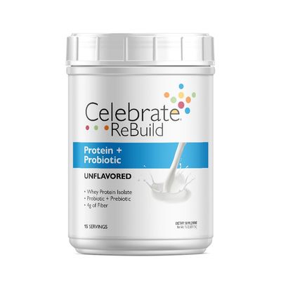 Celebrate Vitamins Rebuild Protein Powder with Probiotics &amp; Prebiotics - 20g Whey Isolate Protein, High Fiber, for Post Bariatric Surgery Patients - Unflavored (15 Servings)