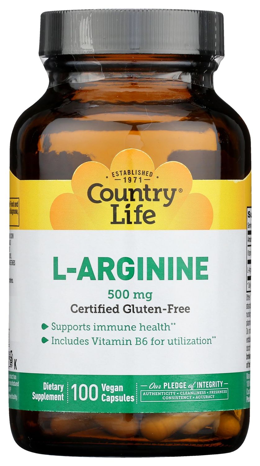 Country Life L-Arginine Caps with Vitamin B-6, 500mg, 100 Vegan Capsules, Certified Gluten Free, Certified Vegan