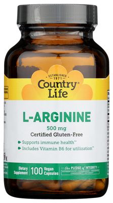 Country Life L-Arginine Caps with Vitamin B-6, 500mg, 100 Vegan Capsules, Certified Gluten Free, Certified Vegan
