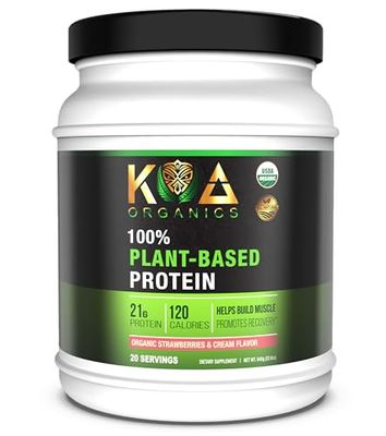 KOA Organics Vegan Protein Powder, Gourmet Strawberries &amp; Cream Flavor- 21g of The Best Tasting Plant-Based Protein with only 120 Calories - USDA Organic, Non-GMO, Gluten Free, Sugar Free - 640g