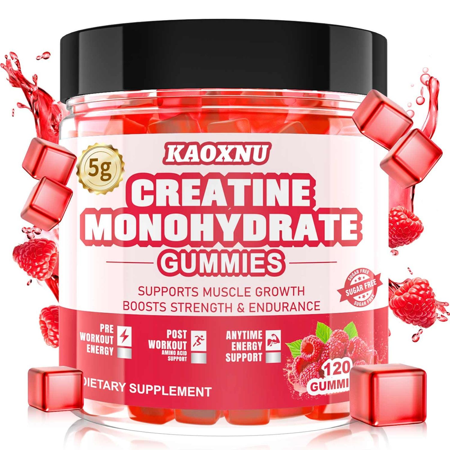 Creatine Monohydrate Gummies for Men &amp; Women 120 CT - 5000mg of Creatine Monohydrate per Serving - Sugar Free Chewable Creatine for Muscle Strength, Muscle Builder, Energy Boost (Raspberry Flavor)