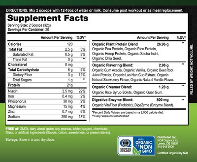 KOA Organics Vegan Protein Powder, Gourmet Strawberries & Cream Flavor- 21g of The Best Tasting Plant-Based Protein with only 120 Calories - USDA Organic, Non-GMO, Gluten Free, Sugar Free - 640g