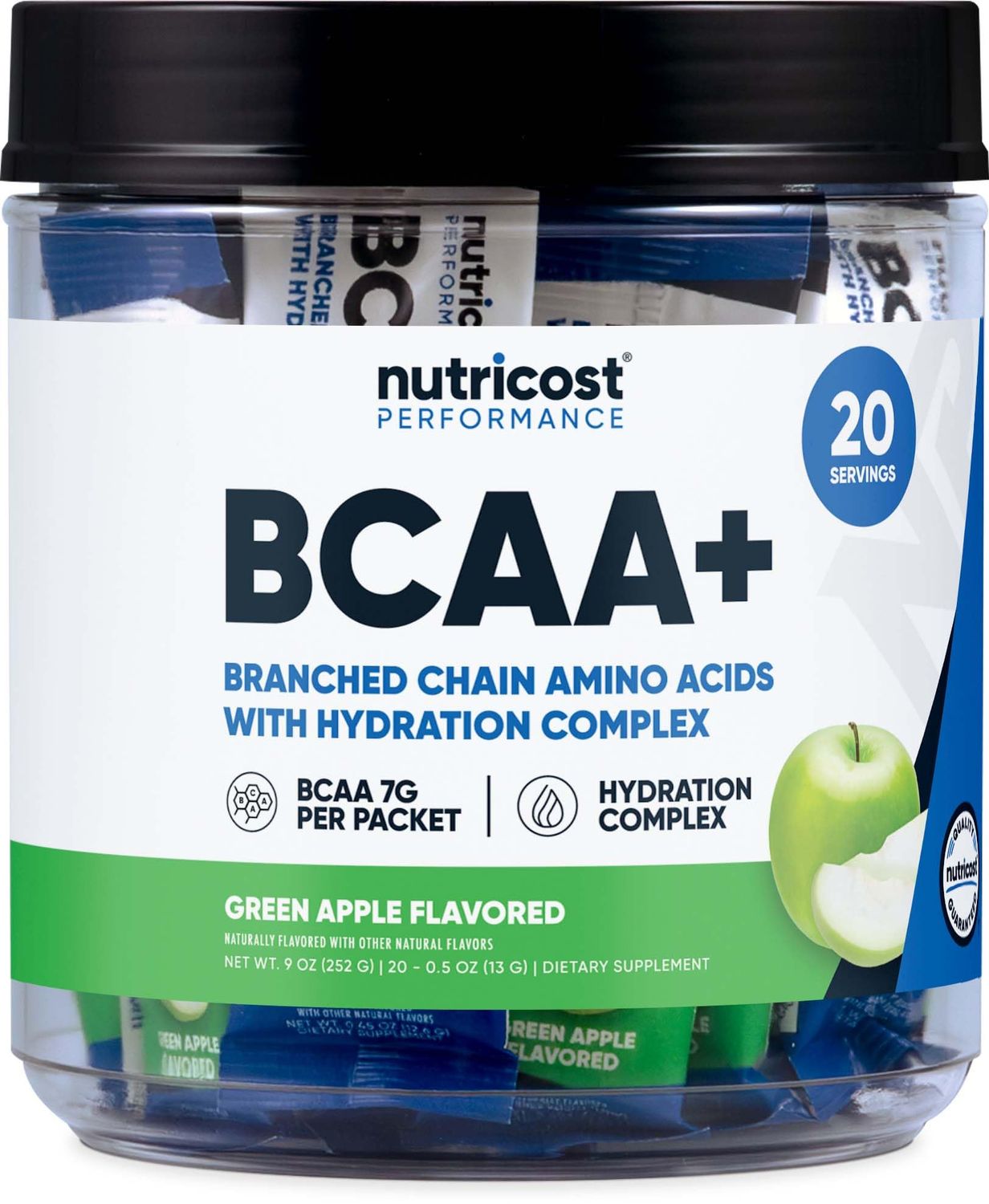 Nutricost BCAA+ Hydration Green Apple Flavored (20 Stickpacks) - Branched Chain Amino Acids with Hydration Complex - Gluten-Free, Non-GMO