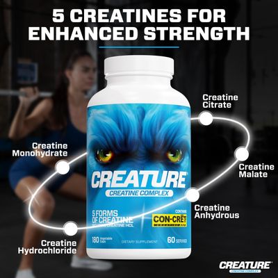 CREATURE Creatine Complex - Creatine Monohydrate Capsules with 5 Types of Creatine Including Con-Crt Creatine HCL, Promotes Muscle, Strength, Endurance, Brain Health, 180 Veggie Caps, 60 Servings