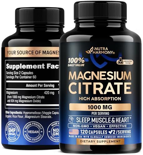 Magnesium Citrate Capsules 1000mg | High Absorption Supplement - Sleep, Muscle &amp; Heart Support - Vegan | Non-GMO - Made in USA - As Powder | Pills | Tablets - 120 Capsules, 2 Month Supply