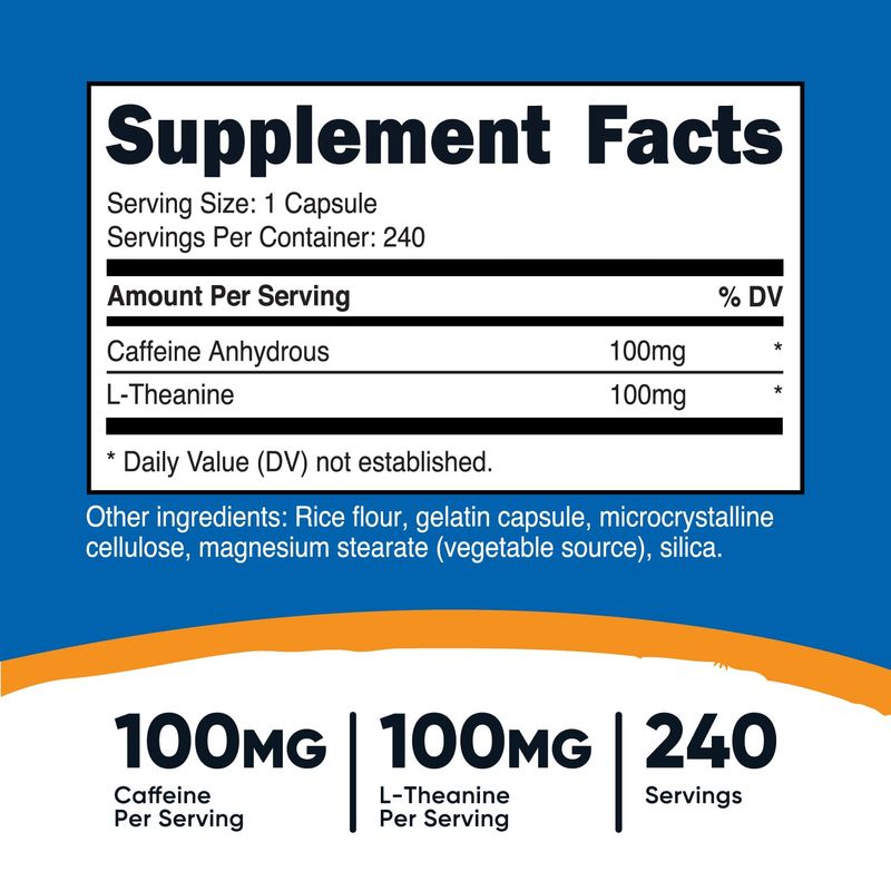 Nutricost Caffeine with L-Theanine, 100mg of Each, 240 Capsules, 240 Servings - Non-GMO and Gluten Free