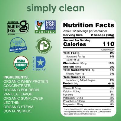 Simply tera's Organic Whey Protein Powder - Vanilla Protein Powder, Grass Fed Whey Protein Powder, Clean Protein Powder Without Artificial Sweeteners, Non-GMO, Kosher, rBGH-Free, Organic - 12 Oz