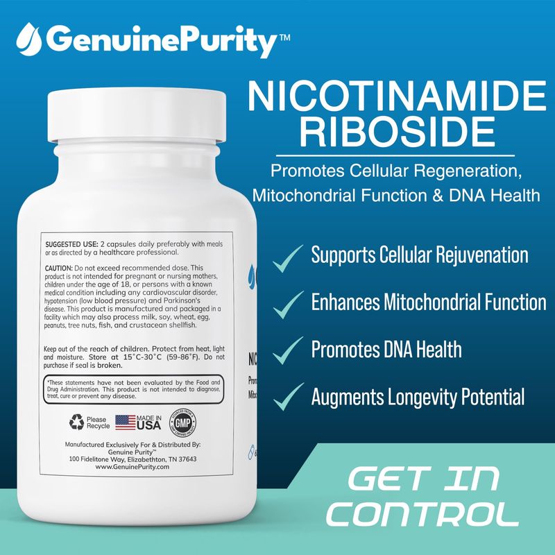 GenuinePurity Liposomal NR 300mg Nicotinamide Riboside Supplement | Advanced NAD Boost for Cellular Energy and Mitochondrial Function | Gluten Free, Vegan, USA Made, Non-GMO | 60 Capsules