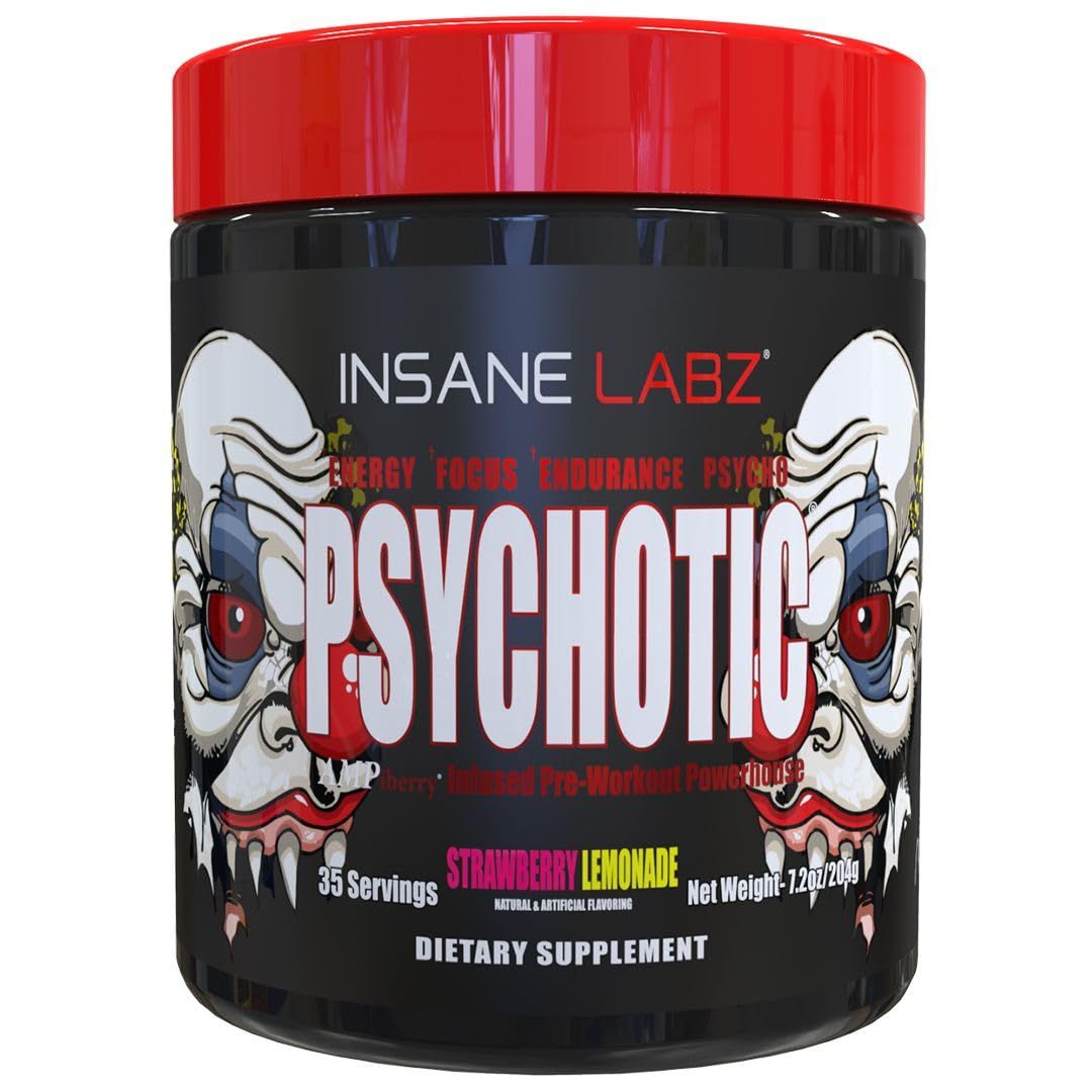 Insane Labz Psychotic, High Stimulant Pre Workout Powder, Extreme Lasting Energy, Focus and Endurance with Beta Alanine, Creatine Monohydrate, DMAE, 35 Srvgs (Strawberry Lemonade)