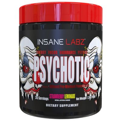 Insane Labz Psychotic, High Stimulant Pre Workout Powder, Extreme Lasting Energy, Focus and Endurance with Beta Alanine, Creatine Monohydrate, DMAE, 35 Srvgs (Strawberry Lemonade)