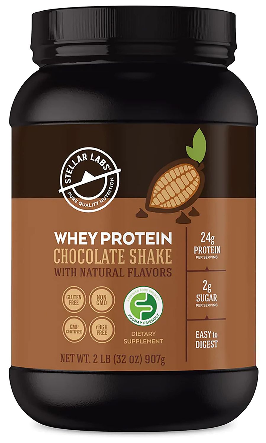 Stellar Labs Whey Protein Powder with BCAA&#39;s &amp; Whey Isolate | Certified Low FODMAP, Non GMO, Gluten Free, Low Carb, Keto, with Stevia | All Natural Lean Post Workout Shakes | Chocolate