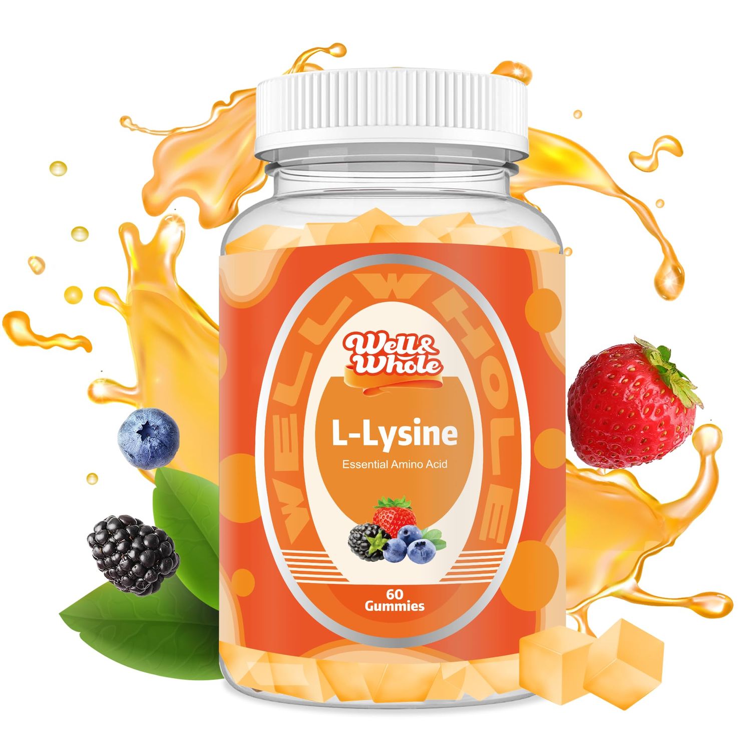 Well&amp;Whole L-Lysine 1000mg Gummies - Vitamin B12 1000mcg - Essential Amino Acid Supplement for Gum, Lip Health* - L-Lysine Supplement for Kids and Adults - Vegan, Non GMO, Gluten-Free, 60 Counts
