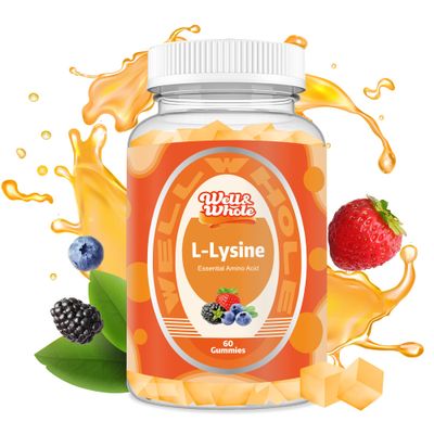 Well&amp;Whole L-Lysine 1000mg Gummies - Vitamin B12 1000mcg - Essential Amino Acid Supplement for Gum, Lip Health* - L-Lysine Supplement for Kids and Adults - Vegan, Non GMO, Gluten-Free, 60 Counts