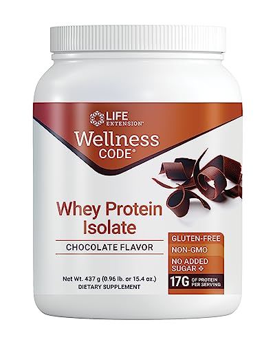 Life Extension Wellness Code Whey Protein Isolate (Chocolate), Protein and branched-Chain Amino acids for Muscle Growth &amp; Immune Health, no Sugar Added, Gluten Free, Non-GMO, 437 Grams, 20 Servings
