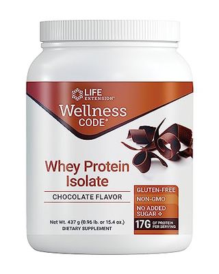 Life Extension Wellness Code Whey Protein Isolate (Chocolate), Protein and branched-Chain Amino acids for Muscle Growth &amp; Immune Health, no Sugar Added, Gluten Free, Non-GMO, 437 Grams, 20 Servings
