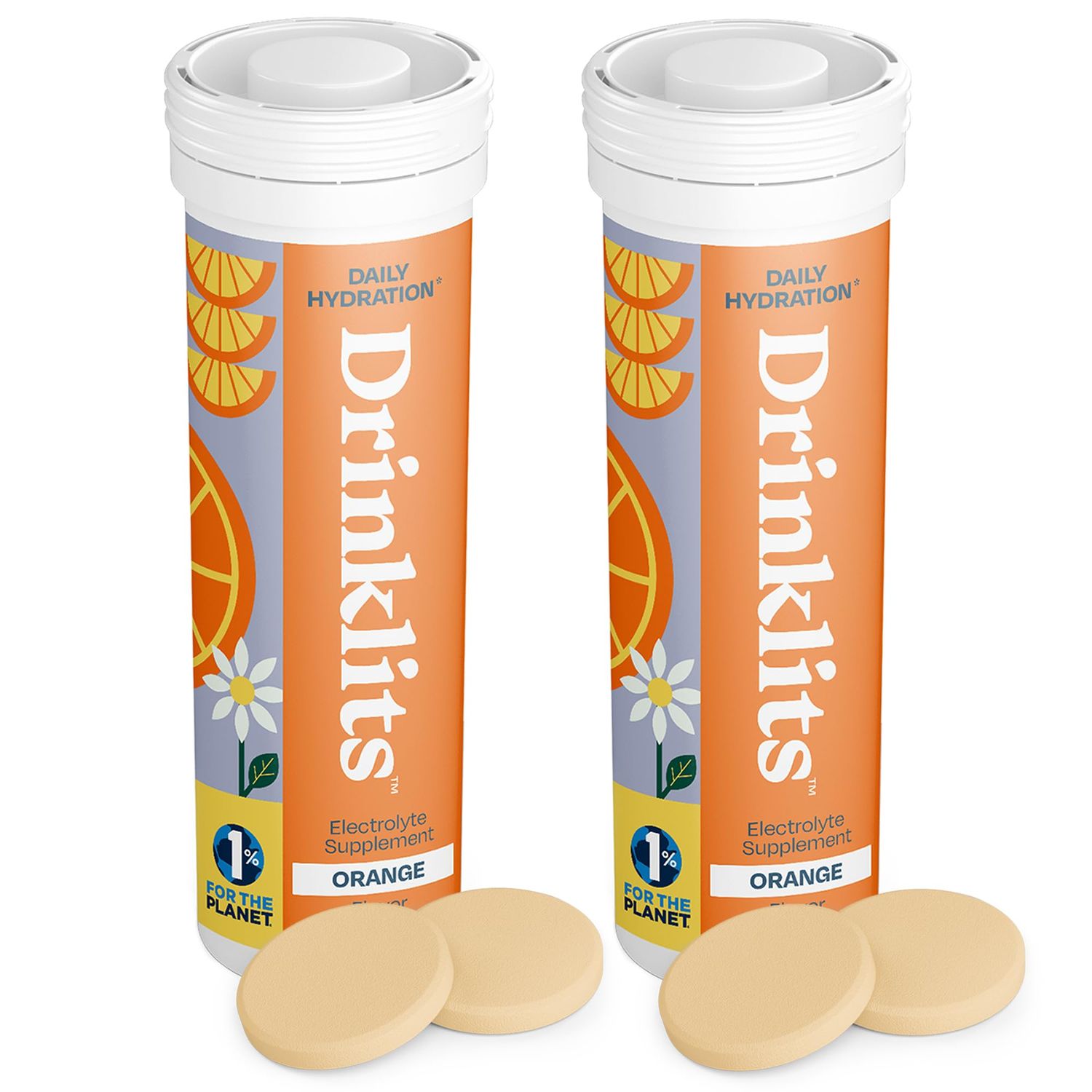 Drinklits Orange Daily Hydration Tablets (2) Tube Bundle | Essential Electrolytes - 0g Sugar - Replenishing Hydration Drink | 20 Servings - 10 Tablets Per Tube