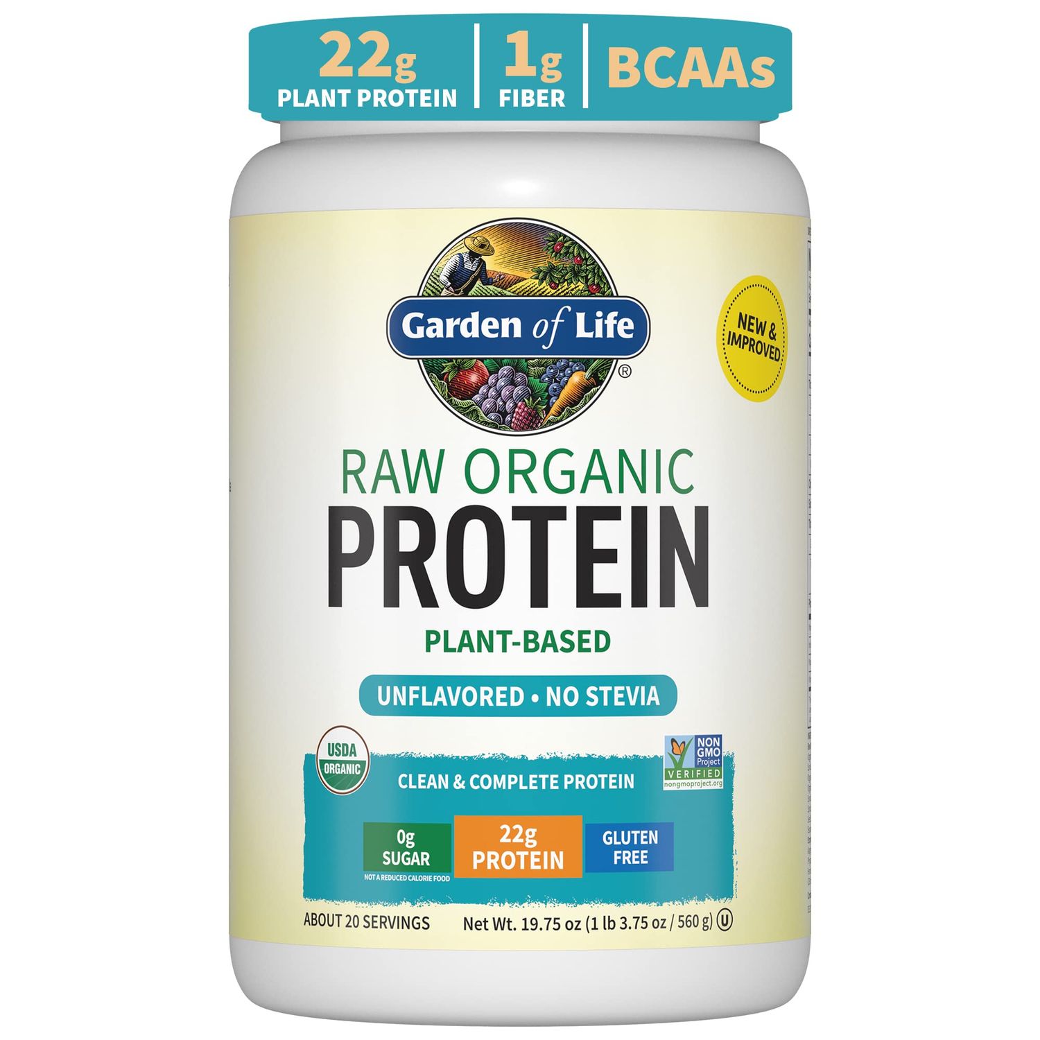 Organic Vegan Protein Powder, Unflavored Protein Powder, Garden of Life 22g Plant Based Protein &amp; BCAAs, Organic Protein Powder with Probiotics &amp; Enzymes, Non-GMO, Gluten-Free Lactose Free 1.2 LB