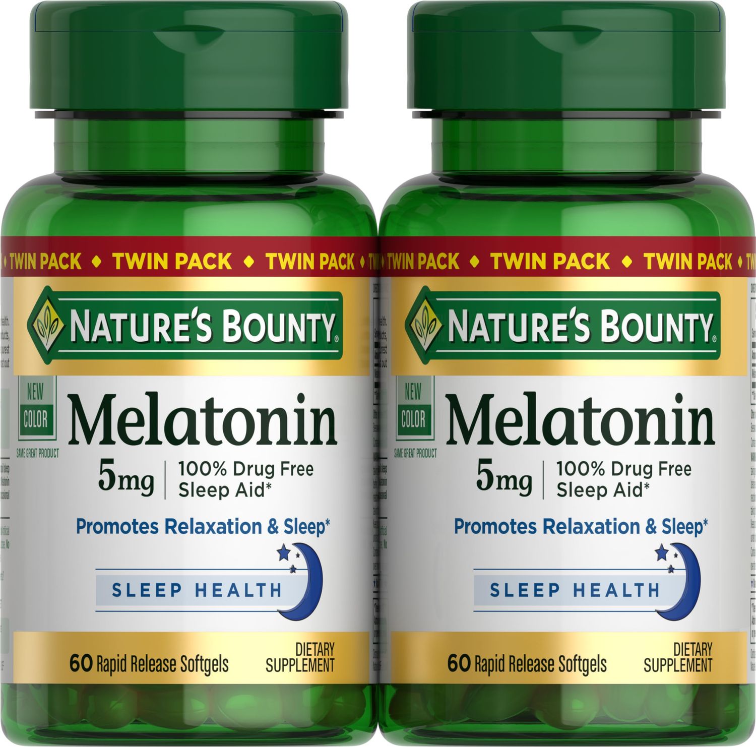 Nature&#39;s Bounty Melatonin 5mg, 100% Drug Free Sleep Aid, Dietary Supplement for Relaxation and Sleep Health - 4 Month Supply, 60 Rapid Release Softgels Twin Pack (120ct)
