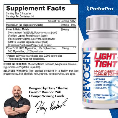 Evogen Light & Tight - 14-Day Digestive Cleanse & Detox | Supports Detox, Gut Balance, & GI Comfort | Senna Extract, PreforPro Prebiotic, Magnesium Citrate | 28 Capsules