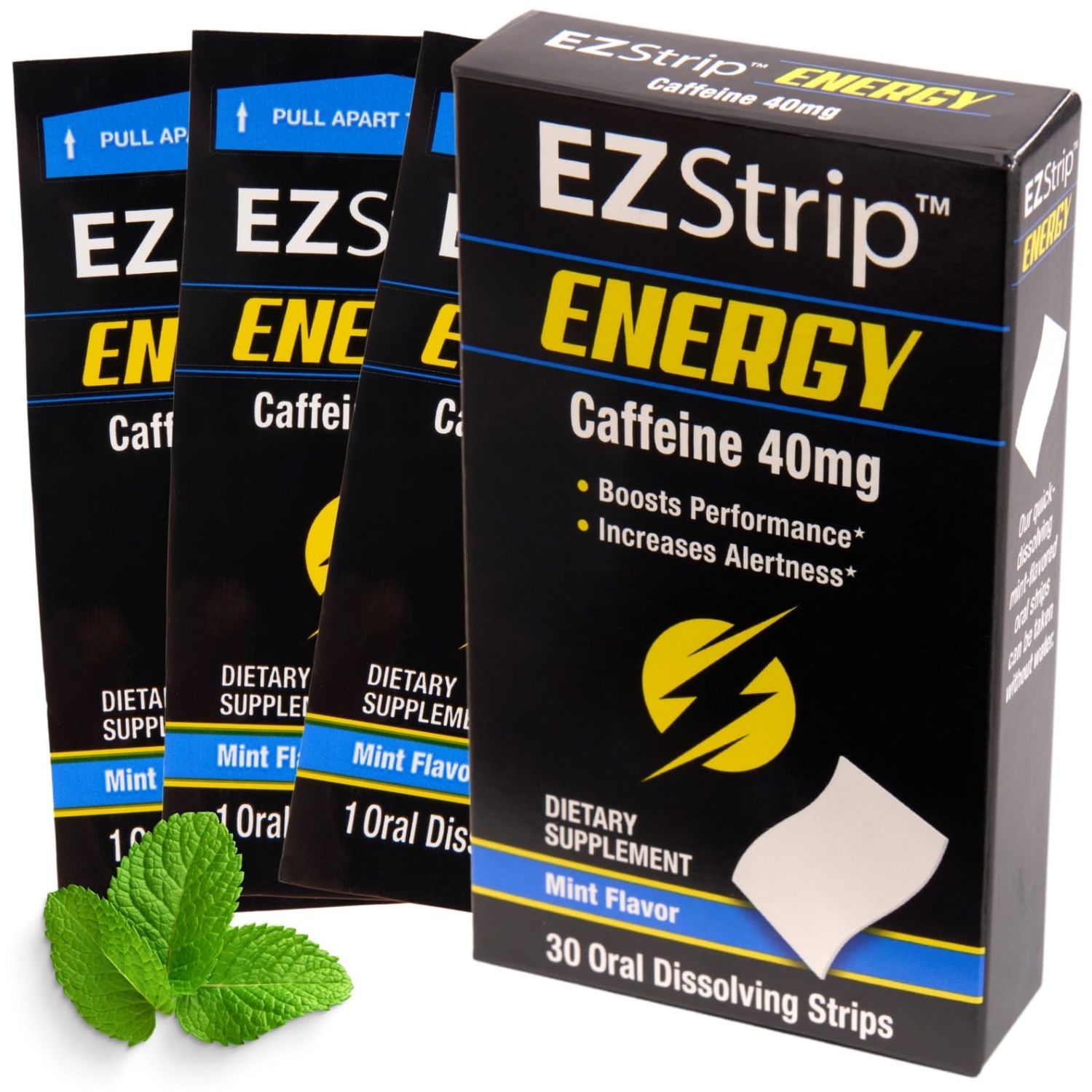 EZStrip Energy - Energize your Day with 40 mg Caffeine Strips - Energy Supplement for Adults. Mint Flavor. Sugar Free, Gluten Free, Performance Boost. Made in USA in an FDA-Registered Facility - 30 Pk