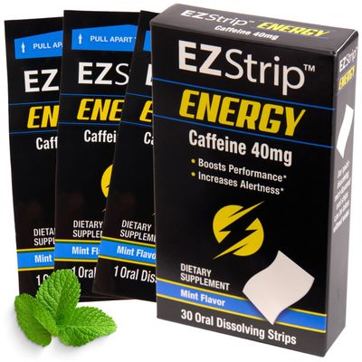 EZStrip Energy - Energize your Day with 40 mg Caffeine Strips - Energy Supplement for Adults. Mint Flavor. Sugar Free, Gluten Free, Performance Boost. Made in USA in an FDA-Registered Facility - 30 Pk