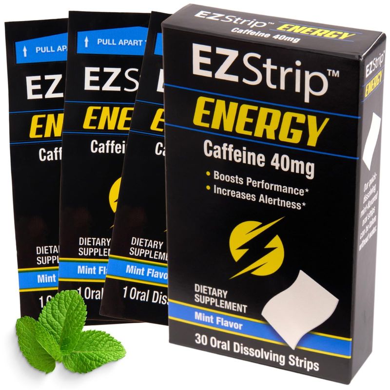 EZStrip Energy - Energize your Day with 40 mg Caffeine Strips - Energy Supplement for Adults. Mint Flavor. Sugar Free, Gluten Free, Performance Boost. Made in USA in an FDA-Registered Facility - 30 Pk