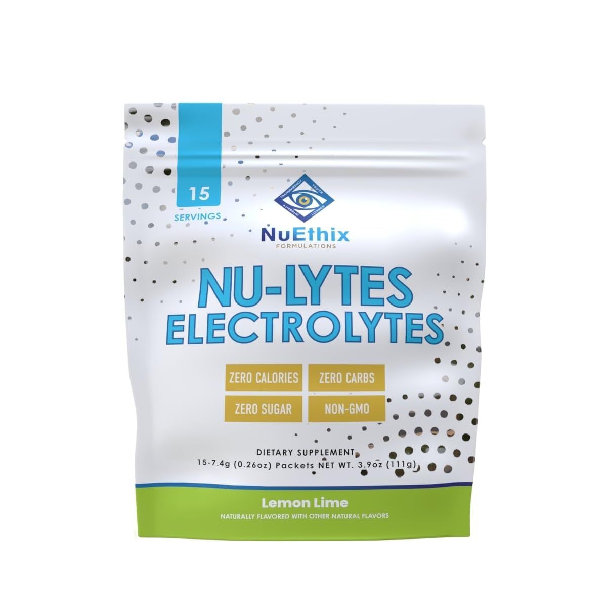 NuEthix Formulations NU-LYTES Electrolytes Hydration Packets, Zero Calories, Zero Sugar, Zero Carbs, Non-GMO, Electrolytes Powder Packets, Glycogen Replenishment, 15 Servings (Lemon Lime)