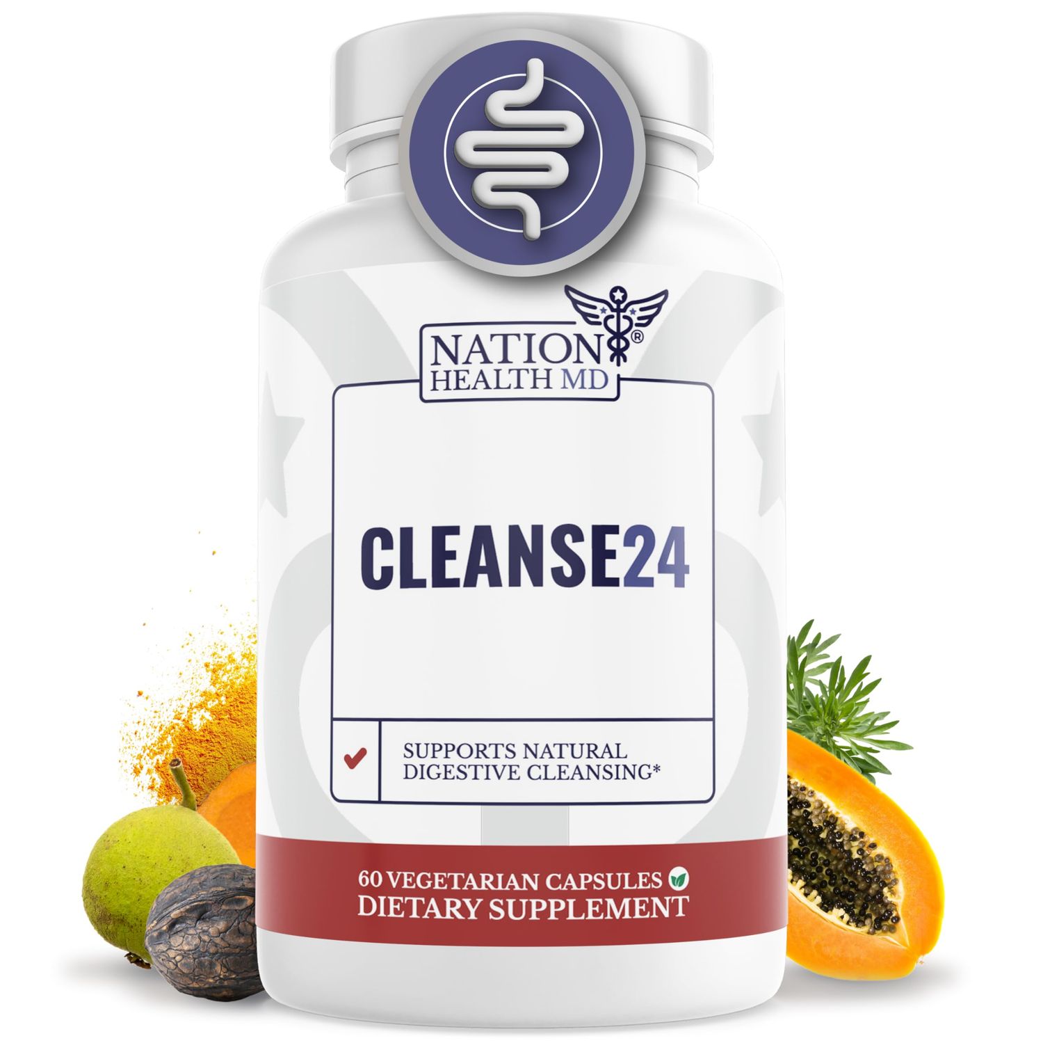 NATION HEALTH MD Cleanse24 - Intestinal Cleanse for Humans with Wormwood, Papaya, Black Walnut - Herbal Intestinal Cleanse, Gut Cleanse for Men &amp; Women, 60 Capsules