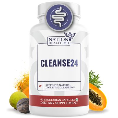 NATION HEALTH MD Cleanse24 - Intestinal Cleanse for Humans with Wormwood, Papaya, Black Walnut - Herbal Intestinal Cleanse, Gut Cleanse for Men &amp; Women, 60 Capsules