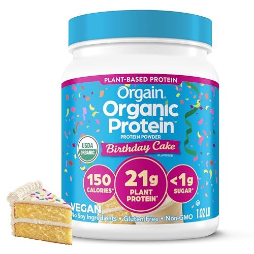 Orgain Organic Vegan Protein Powder, Birthday Cake - 21g Plant Based Protein, 7g Prebiotic Fiber, Low Net Carb, No Lactose Ingredients, No Added Sugar, Non-GMO, for Shakes &amp; Smoothies, 1.02 lb