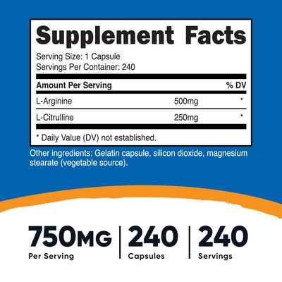 Nutricost L-Arginine L-Citrulline Complex 750mg, 240 Capsules (2 Bottles) - Non-GMO