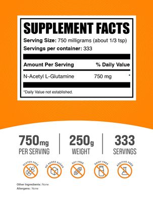BulkSupplements.com N-Acetyl L-Glutamine Powder - Glutamine Supplement, L Glutamine Powder, Gut Health & Recovery - Gluten Free, 750mg per Serving, 250g (8.8 oz) (Pack of 1)