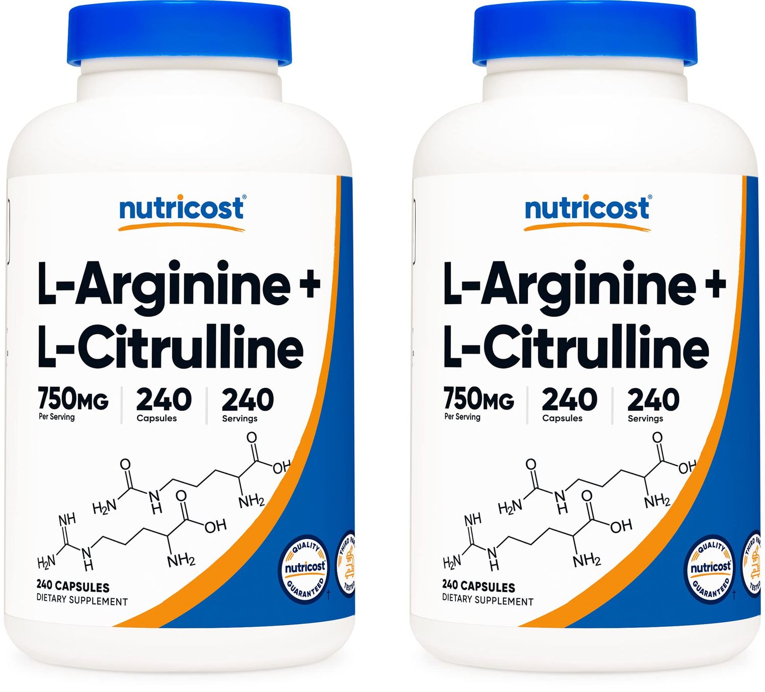 Nutricost L-Arginine L-Citrulline Complex 750mg, 240 Capsules (2 Bottles) - Non-GMO