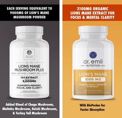 DR. EMIL NUTRITION 2100mg Organic Lions Mane Supplement Capsules - Focus, Mental Clarity &amp; Cognition - Nootropic Lion's Mane Mushroom Supplement with Organic Lions Mane