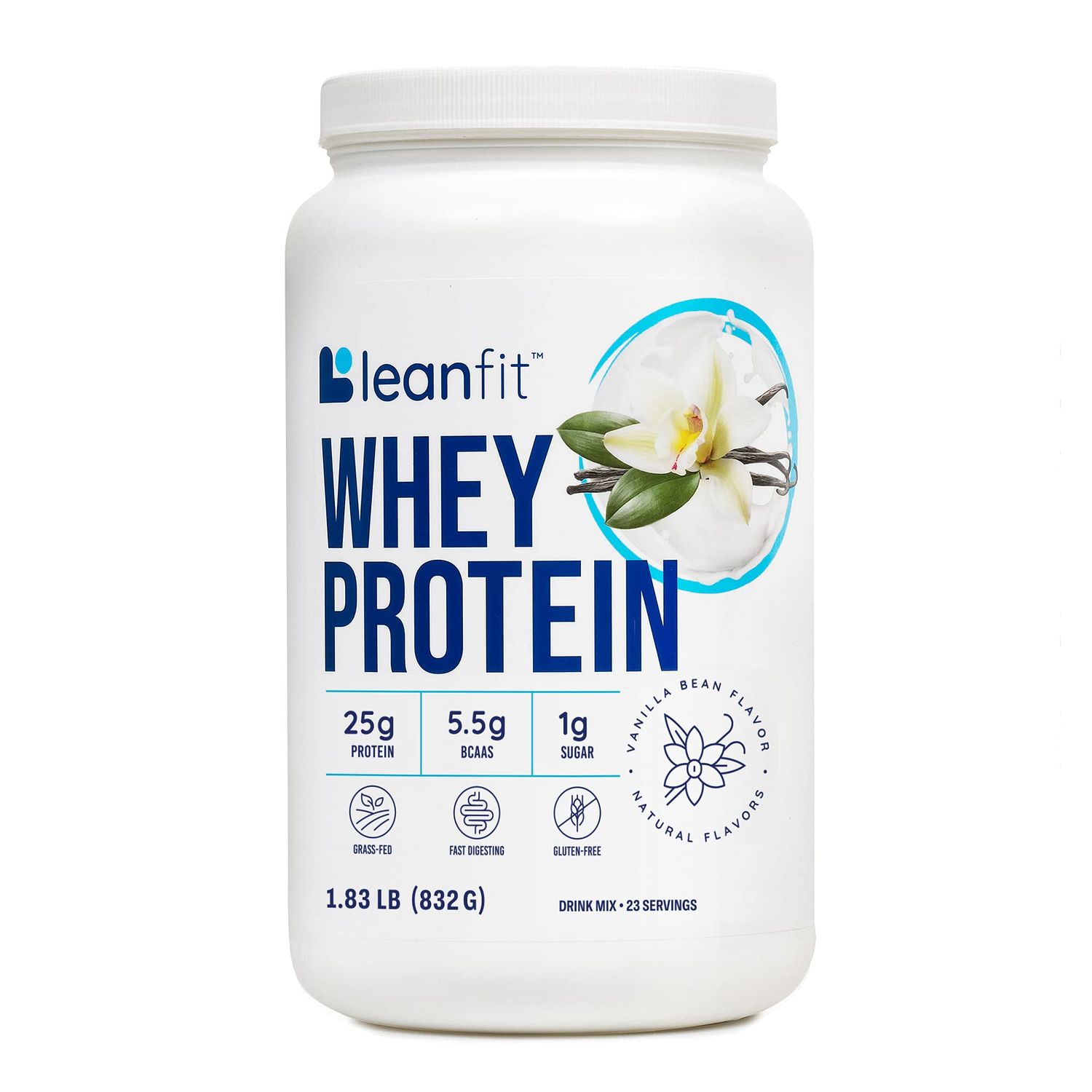 LeanFit WHEY Protein Natural Vanilla - 100% Whey Protein Powder, 24g Protein Per Serving - Grass-Fed, Gluten-Free, Low Carb, BCAAs, Amino Acid - 23 Servings, 1.83 Pound Tub