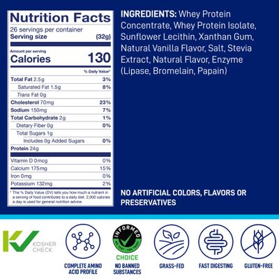 LeanFit WHEY Protein Natural Vanilla - 100% Whey Protein Powder, 24g Protein Per Serving - Grass-Fed, Gluten-Free, Low Carb, BCAAs, Amino Acid - 23 Servings, 1.83 Pound Tub