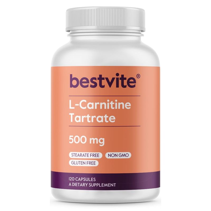 BESTVITE L-Carnitine Tartrate 500mg per Capsule (120 Capsules) - No Stearates - Non GMO - Gluten Free