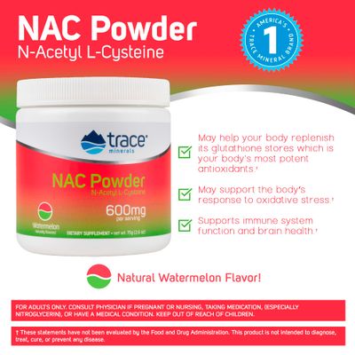 Trace Minerals | NAC Powder with N-Acetyl L-Cysteine Amino Acids | 600 mg to Support Immune System and Normally Functioning Liver and Kidneys | Natural Watermelon Flavor | 30 Servings, 2.6 oz jar