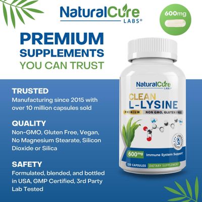 Natural Cure Labs Clean L-Lysine 600mg, 120 Capsules | Vegan, Non-GMO, &amp; Gluten Free