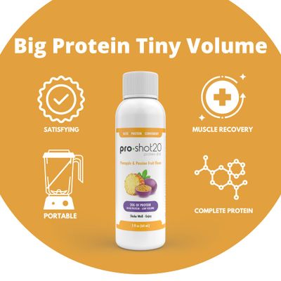 Pro-Shot20 Protein Shot Pineapple & Passion Fruit Flavor, 60 mL, 12-Pack- 20g Whey Protein & Hydrolyzed Collagen Drink- Low Calorie, Low Carb, Gluten Free, No Aspartame, Ready to Drink