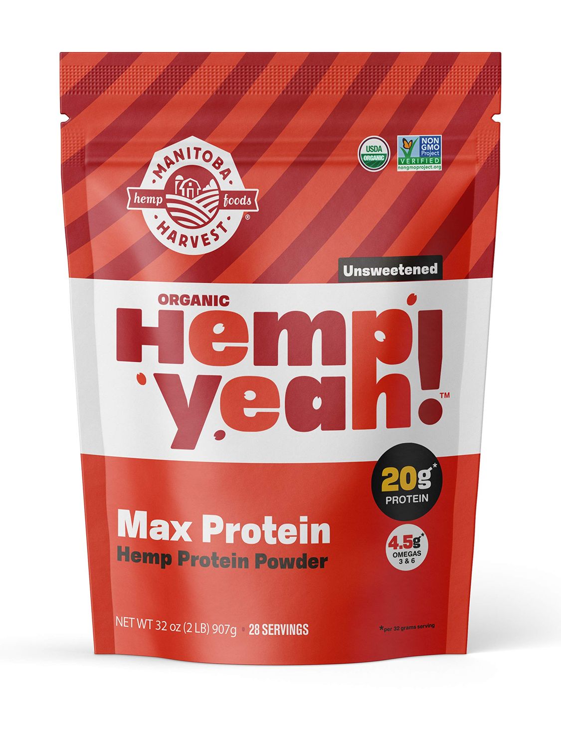 Manitoba Harvest Hemp Yeah! Organic Max Protein Powder, Unsweetened, 32oz; with 20g Protein and 4.5g Omegas 3&amp;6 per Serving, Keto-Friendly, Preservative Free, Non-GMO, Packaging May Vary