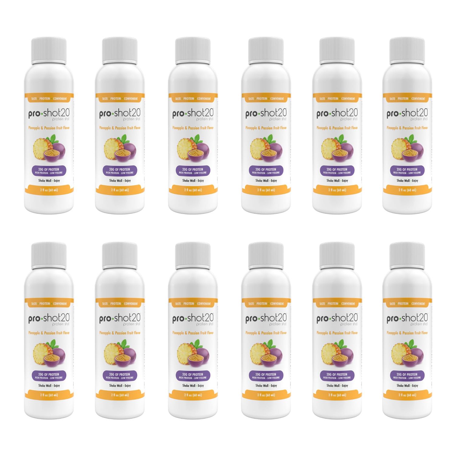 Pro-Shot20 Protein Shot Pineapple &amp; Passion Fruit Flavor, 60 mL, 12-Pack- 20g Whey Protein &amp; Hydrolyzed Collagen Drink- Low Calorie, Low Carb, Gluten Free, No Aspartame, Ready to Drink
