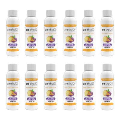 Pro-Shot20 Protein Shot Pineapple &amp; Passion Fruit Flavor, 60 mL, 12-Pack- 20g Whey Protein &amp; Hydrolyzed Collagen Drink- Low Calorie, Low Carb, Gluten Free, No Aspartame, Ready to Drink