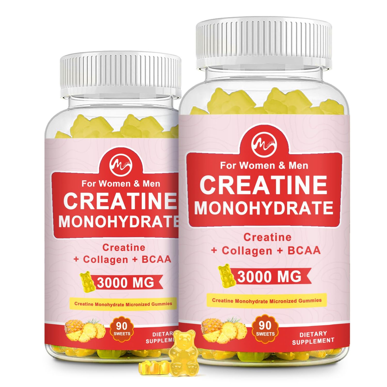 (2 Pack) Creatine Monohydrate Gummy, Sugar Free Chewable Creatine Supplements for Men &amp; Women, Creatine Gummy Gains for Building Muscle, Energy, Pre Workout, Pineapple Flavored