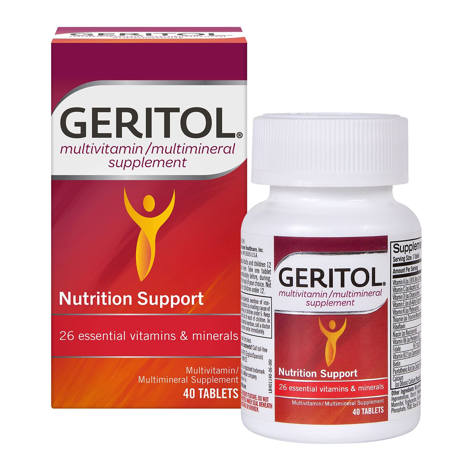 Geritol, Multivitamin Supplement, Contains B-Vitamins, Antioxidants, Vitamins C, E &amp; D and Iron, 26 Essential Vitamins and Minerals, Gluten-Free, Non-GMO, No Artificial Sweeteners, 40 Tablets
