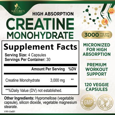 Creatine Monohydrate Capsules 3,000mg Micronized Creatine Supplement Support for Lean Muscle Strength & Endurance, Creatine Pills for Women & Men, Unflavored Tablets Non-GMO Gluten Free - 120 Capsules