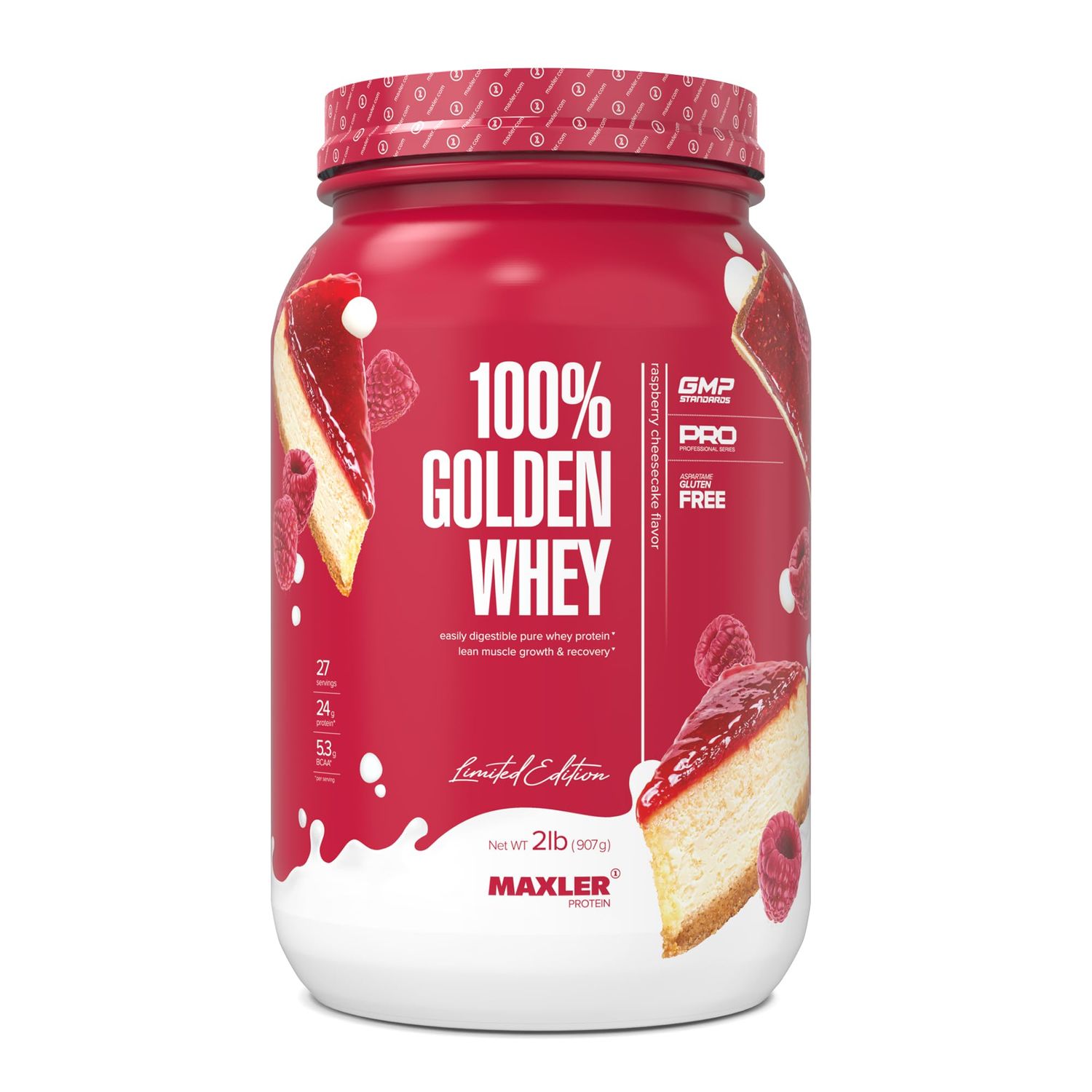 Maxler 100% Golden Whey Protein - 24g of Protein per Serving - Premium Whey Protein Powder for Pre Post Workout - Fast-Absorbing Whey Concentrate Isolate Hydrolysate Blend - Raspberry Cheesecake 2 lb